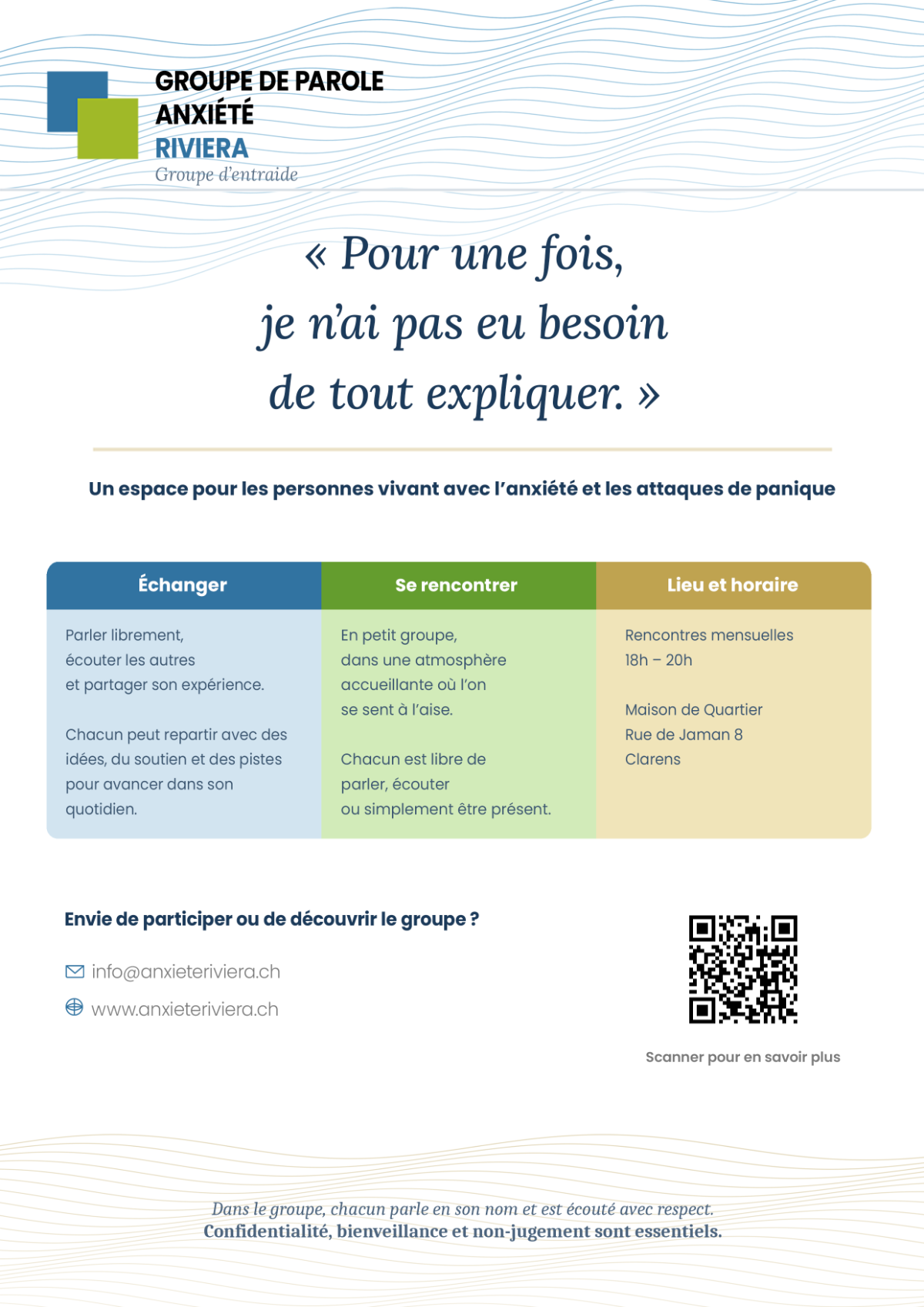 Flyer du Groupe d'entraide Anxiété Riviera, rencontre mensuelles à Clarens à la Maison de Quartier. Contact et inscription par mail à info@anxieteriviera.<span style=